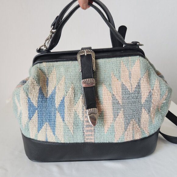 Unbrand Handbags - Vintage Mexican Handcraft Leather Woven-Wool Carpet Southwest Satchel Handbag